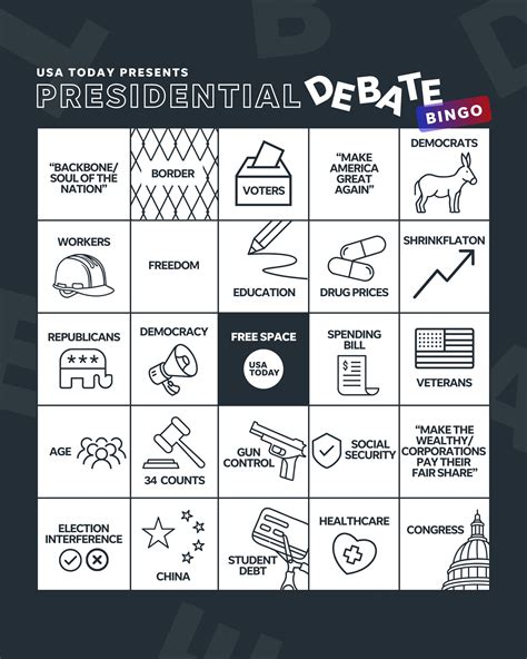 Presidential Debate Bingo Card: Biden, Trump face.